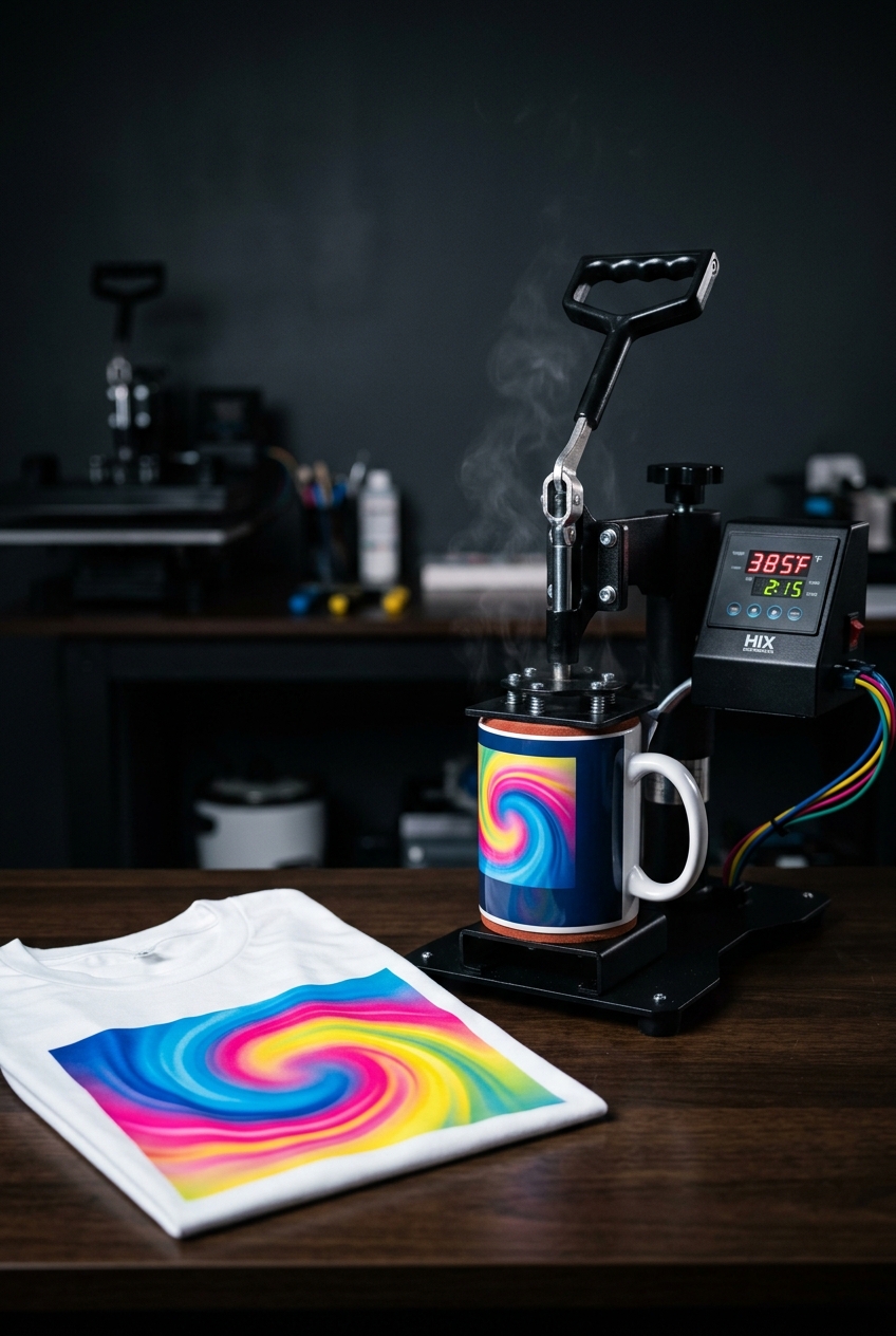 Mug heat press transferring a colorful sublimation print onto a white mug and t-shirt